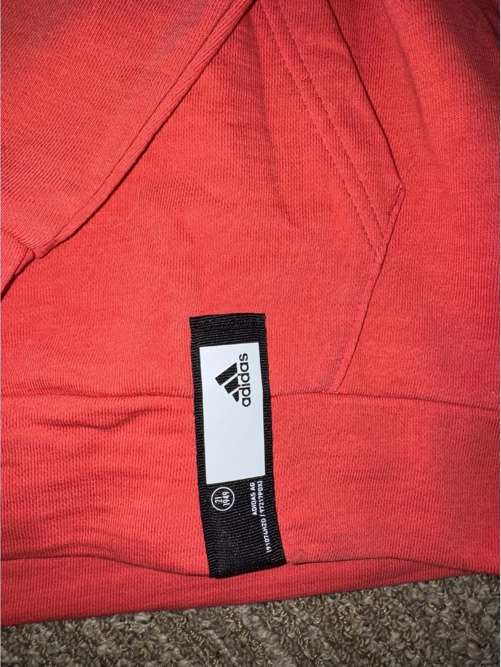 Men’s Adidas coral red hoodie with iconic three stripes Size L new with tags